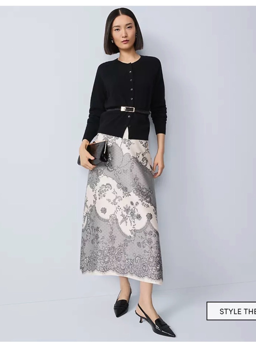 Ann Taylor Black &  Cream Lace-Print Satin Midi Skirt, Size 2, NWT